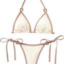 WDIRARA Women's 2 Piece Swimsuit Contrast Trim Halter Triangle Bikini Set Knitted Tie Side Bathing Suit (Beige, M)