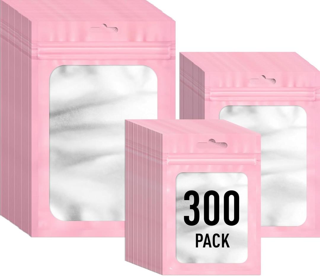 300 Pack 3 Size Mylar Resealable Bags with Front Window, Zipper Bags Packaging Bag Smell Proof Bag Foil Pouch for Jewelry Food(Pink,3x4.7in,4x6in,4.7x7.9in)