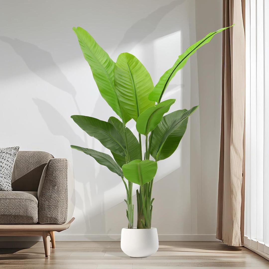 5.2FT Artificial Bird of Paradise Plant, Faux Artificial Trees, Tall Fake Realistic Tree, 10 Trunks Silk Leaf Plant with Plastic Pot for Home Office Decor Indoor Outdoor Modern Decoration