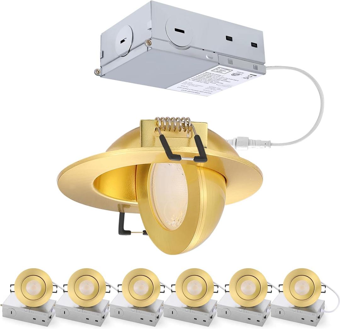 Gold Recessed Lighting Fixtures 3inch - 7W Canless CCT Selectable Gimbal Ceiling LED Recessed Lights,Dimmable Indoor Swivel Downlight for Accent Lighting,360 Adjustable 90 Tilt Spotlights 6Pack Gold