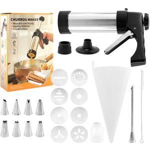Stainless Steel Churro Maker Machine with 8 Discs Nozzles and 8 Piping Tips Cleaning Brush & Filling Piping Bag,maquina Para Hacer Churro cookie press