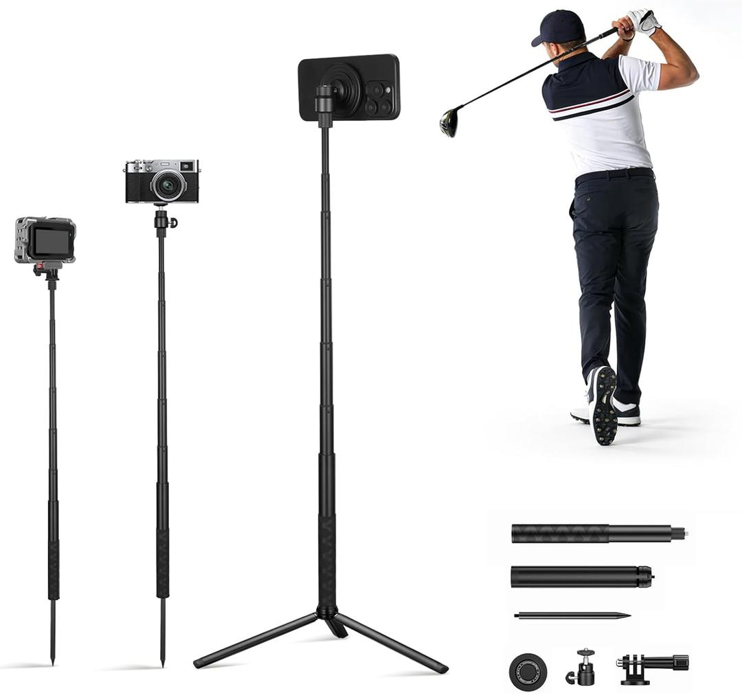 Monopod and Tripod Selfie Stick to Record Golf Swing Training Aid with Ground Spike Stake & Gopro Adapter & 1/4" Screw, Magnetic Golf Phone Holder Compatible with Magsafe iPhone