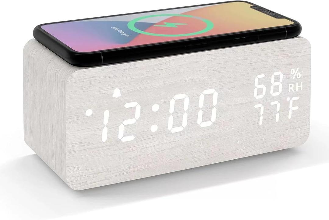 Wooden LED Alarm Clock with Wireless Charging Temperature and Humidity Display Calendar Adjustable Brightness Sound Control for Bedroom Home Office (White), Small