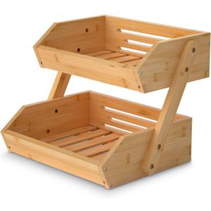 2 Tier Fruit Basket for Kitchen- Bamboo Fruit and Vegetable Storage Bowl Stand for Kitchen Countertop, Produce Basket Fruit Holder for Potato, Onion, Bread, Snack Storage