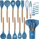 MIBOTE 17 Pcs Silicone Cooking Kitchen Utensils Set with Holder, Wooden Handles BPA Free Silicone Turner Tongs Spatula Spoon Kitchen Gadgets Utensil Set for Nonstick Cookware (Blue)