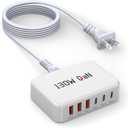 [2026 Upadated] 130W Charging Station 6-Port Type C Fast Charger Block Charging Station Multiport Adpater for iPhone 17/16/15/14/13/Pro Max/Plus iPad mini/Pro Galaxy S26/S25 5ft Power Cord- White