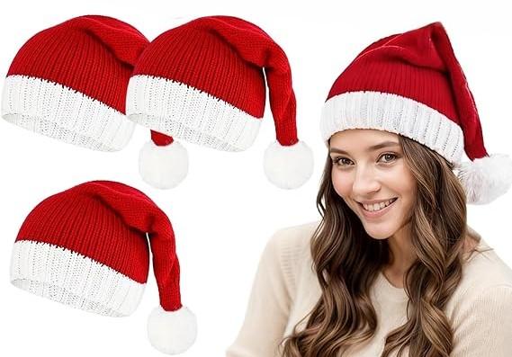 3Pcs Santa Hat Christmas Hats Bulk for Adults Men and Women, Xmas Holiday Red Knitted Beanie Unisex Classic Claus Hat for Xmas New Year Party Headwear