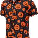 Halloween Shirts for Men Pumpkins Skeleton Shirt Short Sleeve Button Down Dress Shirts (Medium, Black)