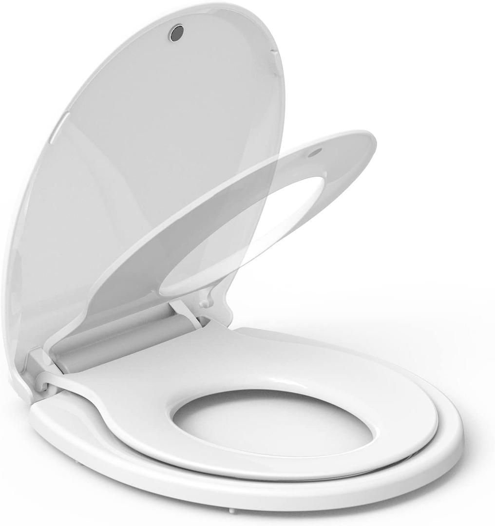 17" White Round Toilet Seat for Adult and Child, Built-In Potty Training Seat with Soft Quiet Close Non-Slip Design, Magnetic Kids Seat and Cover for Round/Oval Toilets, Easy to Install and Clean