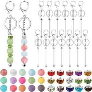 105 Pcs Beadable Keychains Set, Bulk Beadable Keychains Bars DIY Blank Keychain, Metal Beaded Keychain with Bars Silicone Beads Spacer Beads