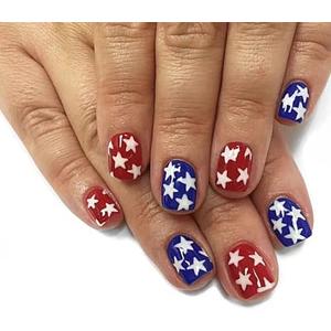 Set of 4 4th of July Press On Nails Extra Short Square,YEFIUO Red Blue Fake Nails Press ons Nail Art Tip Acrylic Nail Kit Glue on Nails Full Cover False Nails with White Pentagram Design for Ma'am 24 Pcs 