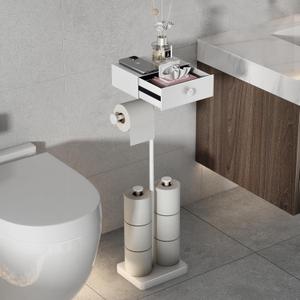 VOLDRA Toilet Paper Holder Stand with Shelf, Free Standing Toilet Paper Roll Holder with Wipes Storage Drawer Heavy Duty Floor Bathroom Tissue Holder Freestanding No Drill Tp Holder for 7 Rolls(White)