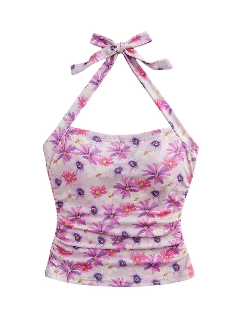 Milumia Women Floral Halter Top Summer Going Out Sleeveless Beach Tank Tops (S)
