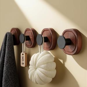 DELITON Suction Cup Hooks for Shower - 4 Pack Wooden Bathroom Towel Hooks Removable Without Drilling, for Hanging Towels, Bath Towels, and Bathrobes