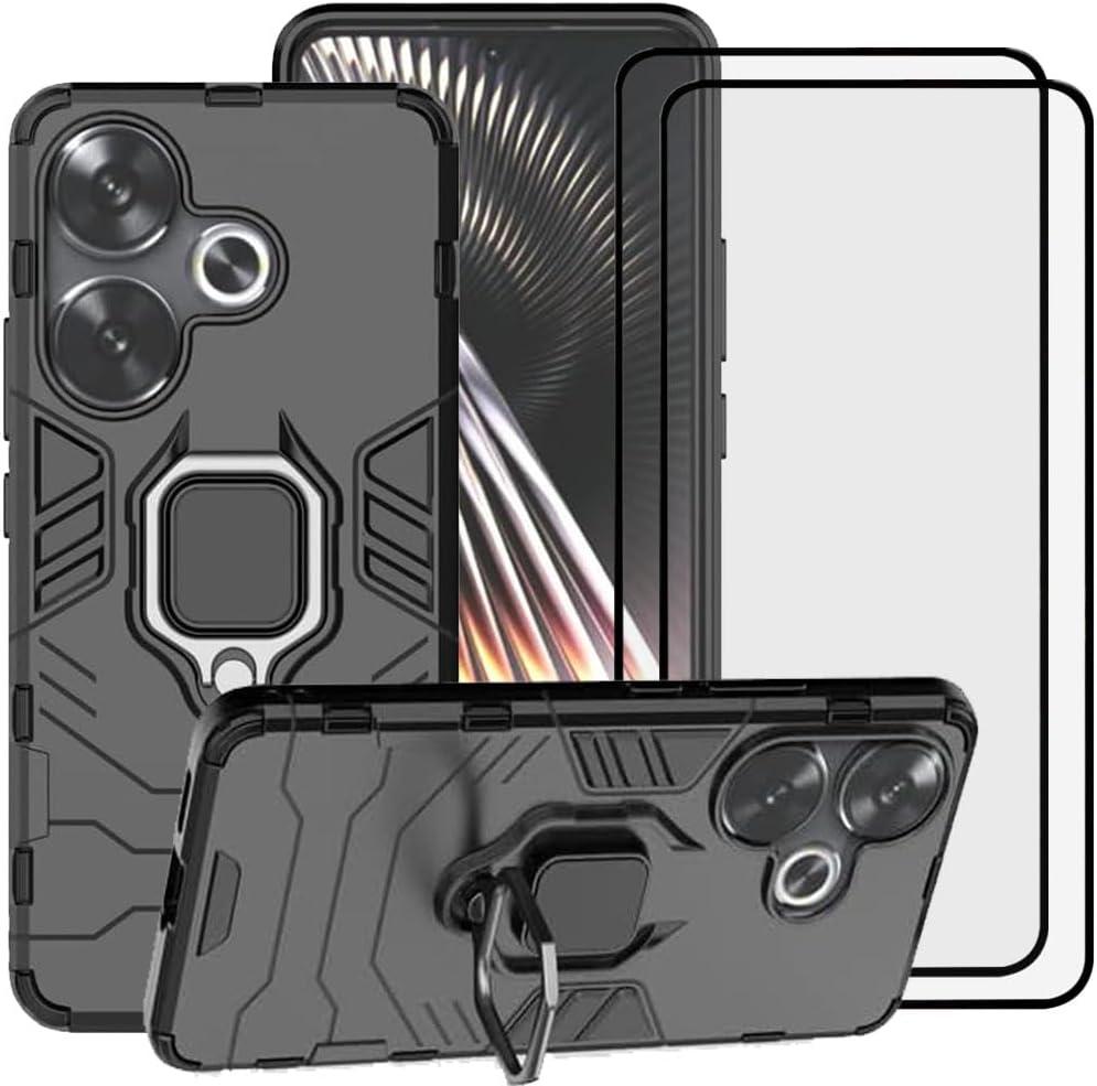 For Xiaomi Redmi Turbo 3 / Poco F6 5G Case, 2 in 1 Hybrid Heavy Duty Armor Shockproof Defender Kickstand Dual Layer Bumper Hard Back Case Cover Tempered Glass Screen Protector [2 Pack]Black