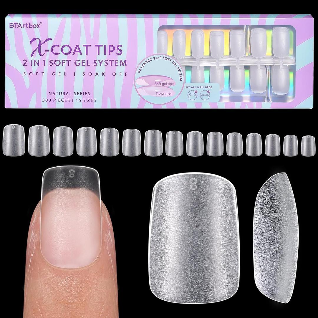 BTArtbox Short Square Gel Nails - Natural XCOATTIPS Short Fake Nails with Tip Primer Cover, Stronger Nail Adhesion, Full Matte Soft Gel Nail Tips, Clear Nail Tips Fake Nails for Nail Extensions