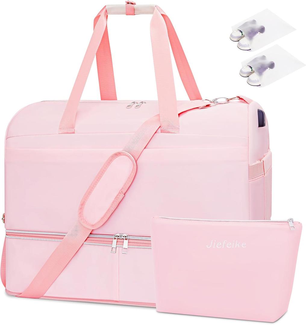 Weekender Bags for Women, 60L Extra Large Travel Duffle Bag with Shoe Compartment, Carry on Overnight Bag with Wet Pocket & Toiletry Bag, Convertible Travel Tote Backpack for Gym Sport Hospital 4Pcs Set