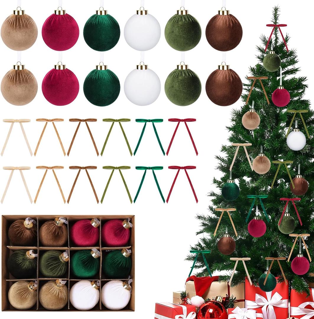 24 Pcs Velvet Christmas Ornaments Set 12 Pcs 3.15inch Shatterproof Christmas Tree Decor Balls & 12 Pcs Matching Vintage Velvet Bows for Xmas Tree Hanging Decorations Holiday Party Decor (6 Colors)
