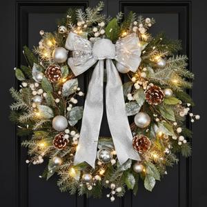 24 Inch Christmas Wreath for Front Door with Lights Silver Bow Pine Needles White Berries Pine Cones Snowy Christmas Ball Decorations for Winter Holiday Xmas Decor