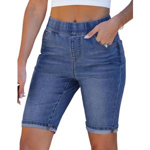 luvamia Bermuda Shorts for Women Jean Pull On Elastic Waist High Waisted Knee Length Fold Hem Stretchy Denim Womens Long Shorts Classic Blue Size Medium Fits Medium, Classic Blue