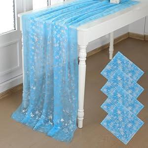 Windkream 4 Pcs Blue Snowflake Tulle Table Runner 29 x 70 Inch Princess Theme Birthday Party Decorations Lace Tablecloth Winter Party Table Cover for Birthday Decorations Wedding Bridal Shower