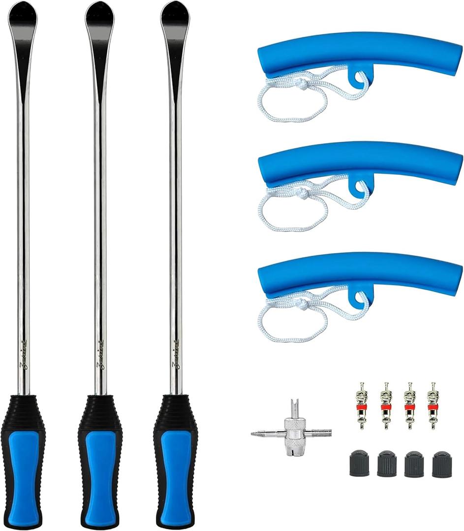 Heavy Duty Tire Repair Tool Kit, 3x14.5 Steel Tire Irons & 3 Rim Protectors, 4-Point Valve Tool with 4 Cores/Caps, Motorcycle/Bike/ATV Tire Changer Levers(TT-145-15)