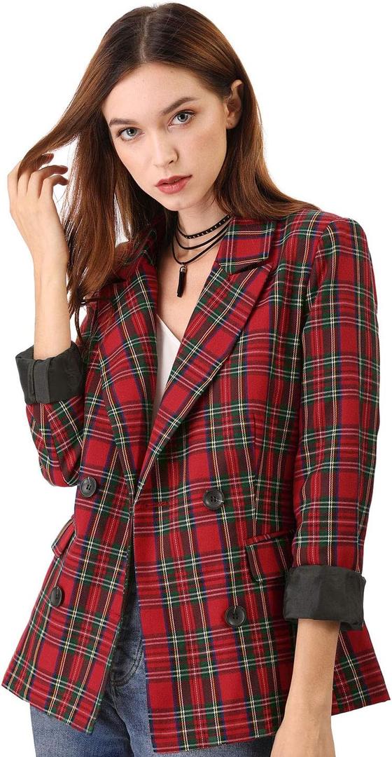 Allegra K Women's Notched Lapel Double Breasted Christmas Work Formal Blazer Jacket Medium Red Green