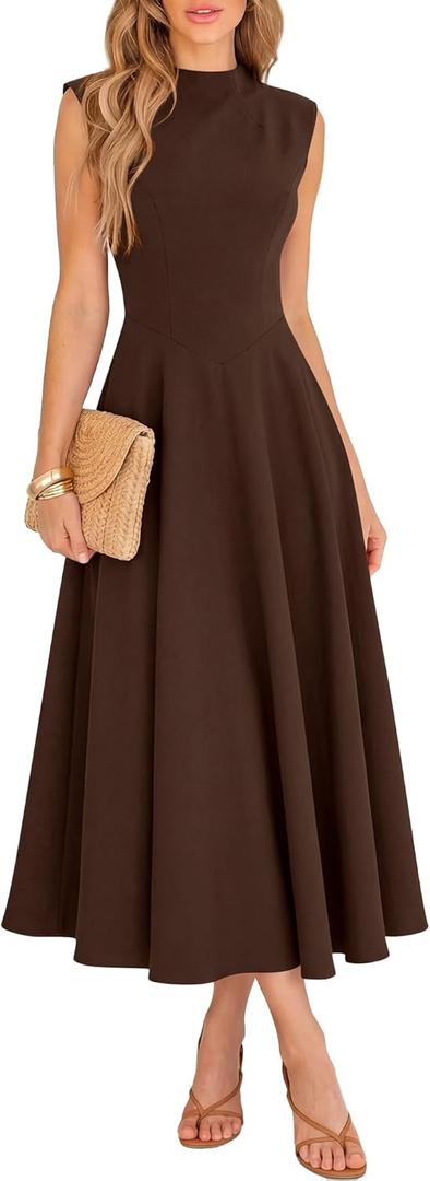 BTFBM Summer Dresses for Women 2026 Mock Neck Sleeveless High Waist Flowy Aline Maxi Spring Wedding Guest Dress Cocktail, Dark Brown, Large