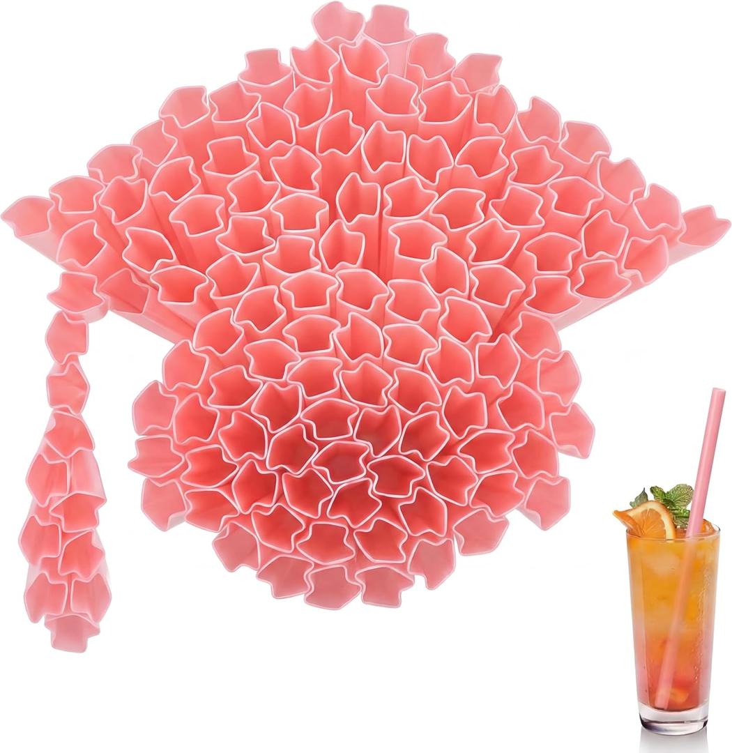 100 Pcs Graduation Cap Shaped Straws Disposable Plastic Drinking Straw Grad Caps Straw for Graduation Beverage Cocktail 2026 Congrats Grad Party Supplies (Pink)