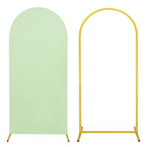 Metal Arch Stand and Cover Set,1 Sage Green Spandex Fitted Backdrop with 1 Gold Wedding Arched Stand Frame for Parties Birthday Baby Shower Bridal Banquet Decoration (6FT)