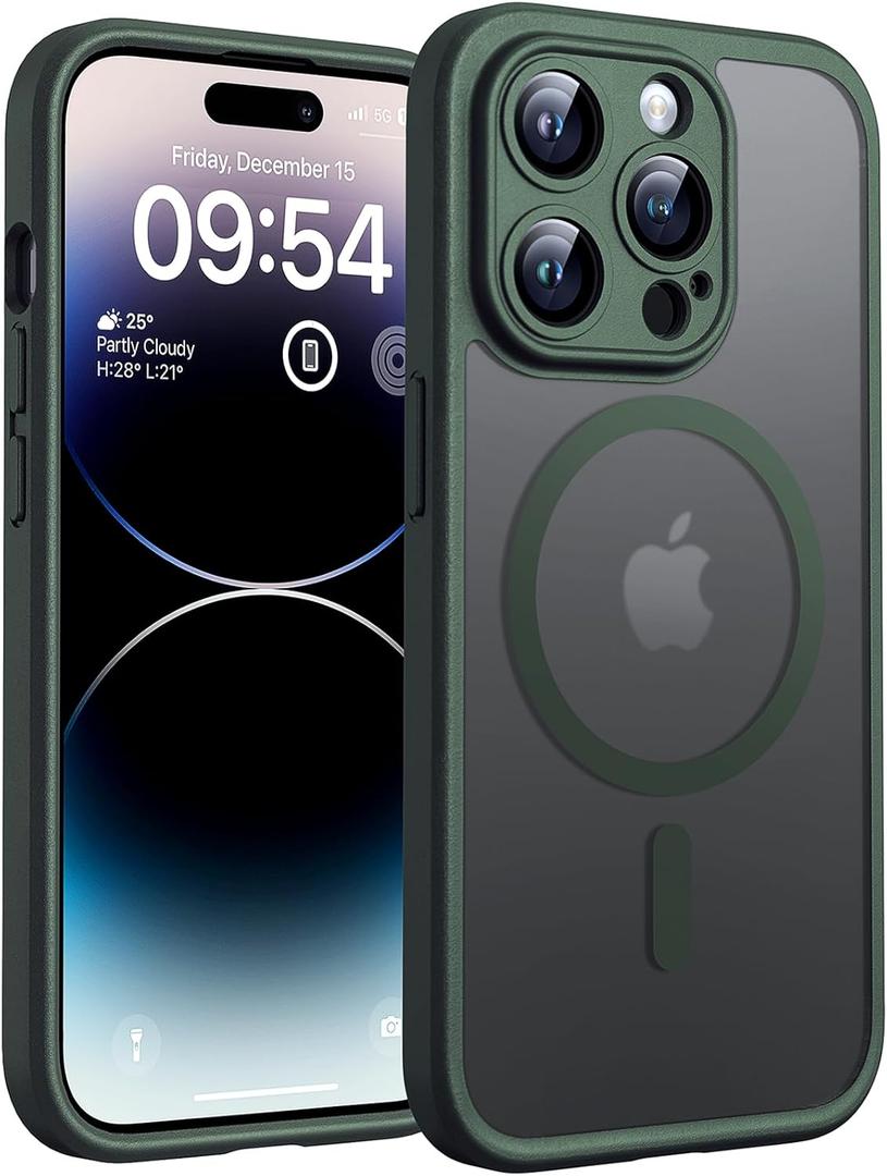TOCOL Magnetic for iPhone 14 Pro Case, Upgraded Full Camera Protection, Compatible with Magsafe, Drop Protection, Translucent Matte Back Bumper Phone Cover 6.1-Inch, Alpine Green