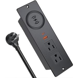 Recessed Power Strip with 15W Wireless Charger, Haiaoyyds Flush Mount Power Strip with 2 Outlets, 2 USB, and 6.56FT Flat Plug Cable, Furniture Recessed Outlet for Drawer, End Table, Sofa, Cabinet