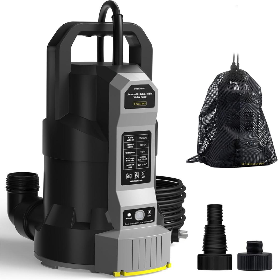 InoKraft E-Float Automatic Sump Pump 1/2HP, 2500 GPH Submersible Water Pump with Auto/Manual Mode, Mesh Bag, Universal Hose Adapters, Built-In 25FT Cord for Pool, Basement, and Outdoor Use,Black