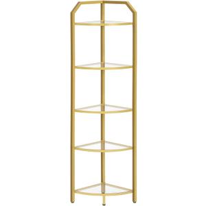 HOOBRO 5-Tier Corner Shelf Stand, Gold Corner Bookshelf, Tempered Glass Shelves, Bathroom Organizer, Corner Plant Stand, for Living Room, Study, Balcony, Home Office, Modern Style, Gold GD15CJ01