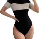 WDIRARA Women's Color Block Short Sleeve Bodysuit Turtle Neck Ribbed Knit Leotard Black X-Large