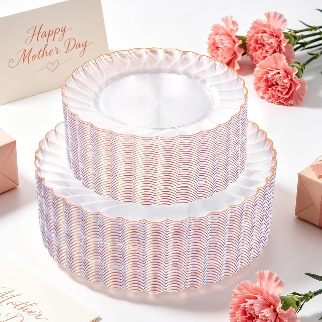YOUBET 100PCS Rose Gold Plastic Plates - Heavy Duty Scalloped Disposable Plates Include 50 Dinner Plate, 50 Dessert Plate for Wedding & Baby Shower & Party & Mothers Day