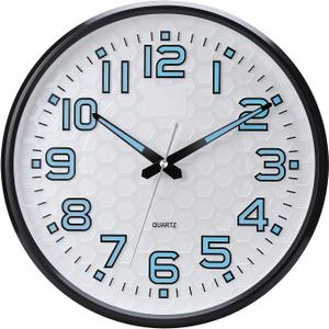 Plumeet Night Light 13'' Bedroom Wall Clocks with Silent Non-Ticking Glowing Function - Battery Operated Decorative Wall Clock for Home, Kitchen, Living Room (Blue Light)