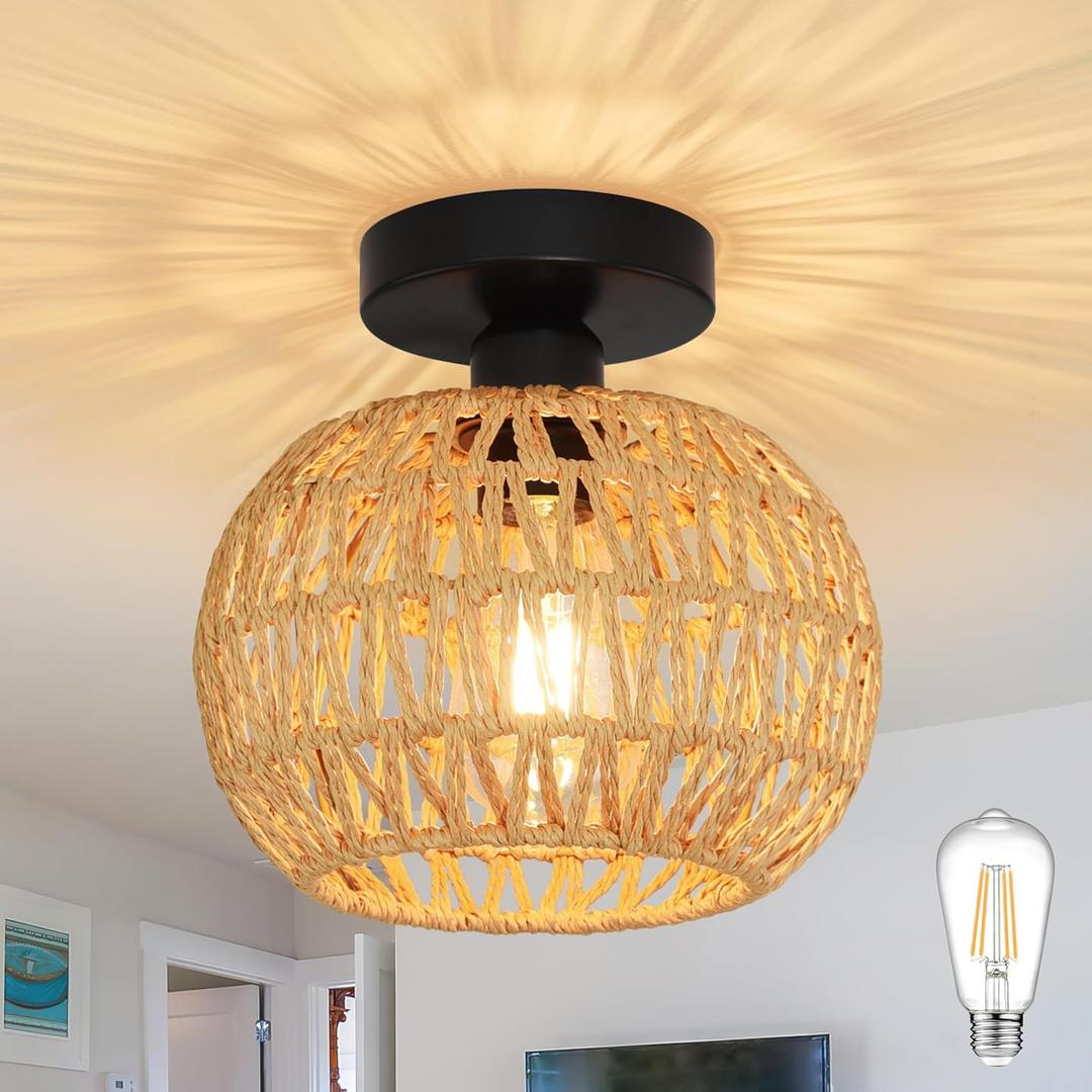 8.6 inch Mini Rattan Light Fixtures Ceiling Boho Light Fixtures Wicker Ceiling Light Hand Woven Ceiling Light Fixtures Flush Mount Ceiling Light with Woven Shade for Hallway Bedroom