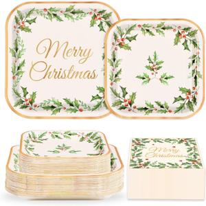 200Pcs Christmas Party Decorations Xmas Holly Leaf Berries Square Plates and Napkins Holly Leaves Paper Plates Tableware Sets for Merry Christmas Winter Holiday BBQ Gathering Party Supplies Serves 50