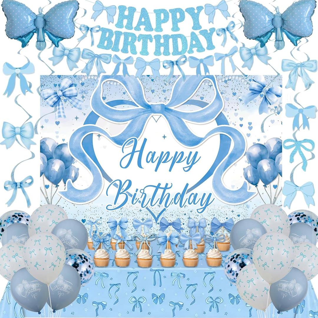 Blue Bow Birthday Decorations for Girls Women, Coquette Bow Birthday Decorations, Light Blue and White Happy Birthday Banner Backdrop Balloons Tablecloth, Bows Theme Baby Shower Bday Party Decor Girl