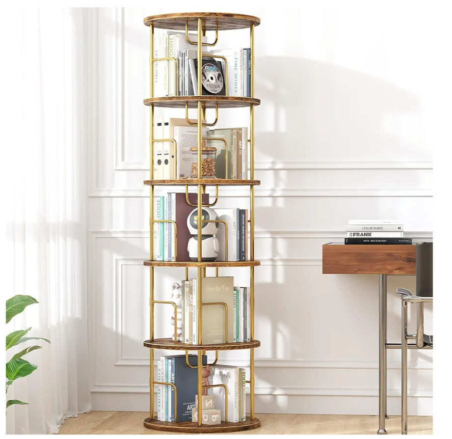 5Tier Rotating Bookshelf, 360 ° Display Stackable Spinning Bookshelf Tower, Narrow Space Saving Tall Floor Standing Swivel Bookcase Corner Storage Organizer for Bedroom/Living Room/Office，Gold