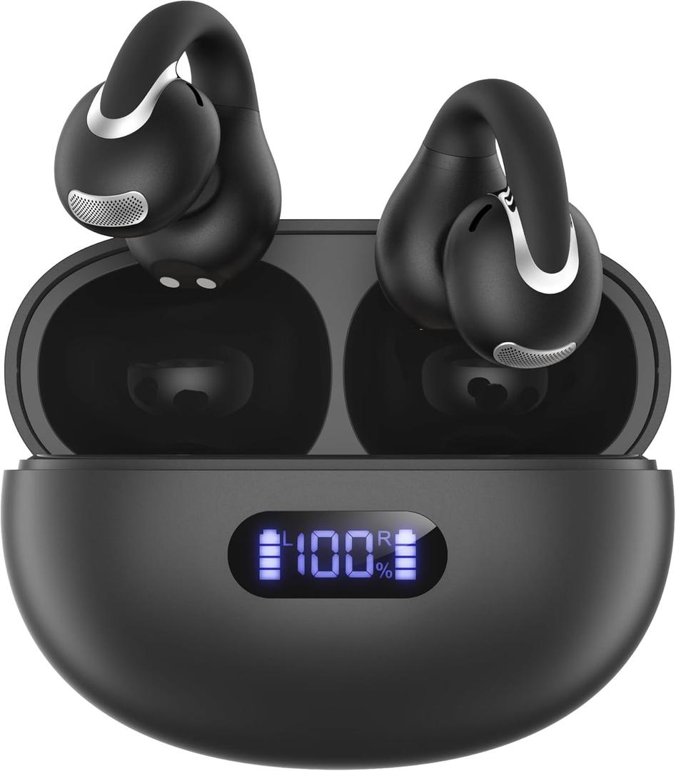 Open Ear Clip Wireless Earbuds Bluetooth 5.4, Lightweight Comfort Sports Bone Conduction Headphones Built-in Mic for Clear Audio, Stable Fit Earphones 24H Play-Soft Black