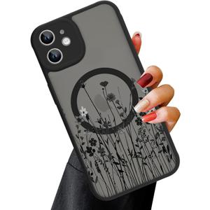 OOK Magnetic for iPhone 11 Case [Compatible with MagSafe] Black Wild Flower Slim Translucent Matte Case for iPhone 11 Case Camera Lens Protection Scratch-Resistant Cover, Black Wild Flower (6.1")