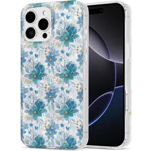 Case Compatible with iPhone 16 Pro, Floral Flower Pattern Aesthetic Phone Case for Women Girls Clear Shockproof Protective Phone Cover - Blue Cornflower