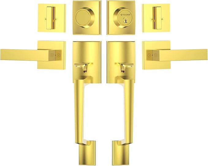 TICONN Double Front Door Handle Set, Heavy Duty Square Door Lever and Single Cylinder Deadbolt Combo for Side by Side Entrance Exterior Doors (Polished Brass)