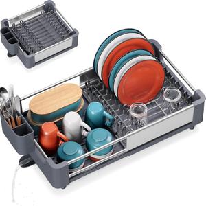 TOOLF Dish Drying Rack for Kitchen Counter, Extendable Dish Rack with Drainboard, Expandable Dish Drainer, Collapsible Dish Strainer with Cutlery Holder, Foldable Home Plate Rack, Aluminum Grey