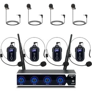 Rechargeable Wireless Microphone System 4 Channel Pro, UHF Metal Headset Lavalier Lapel Mics Cordless for Church Karaoke Singing with Volume Control, 4x50 Frequency(G8)