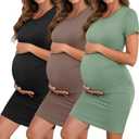 Riyiper 3 Pack Women's Maternity Dresses, Short Sleeve Pregnancy Dress Side Ruched Crew Neck Knee Length Mama Clothes (X-Large, Black, Light Green, Light Brown)