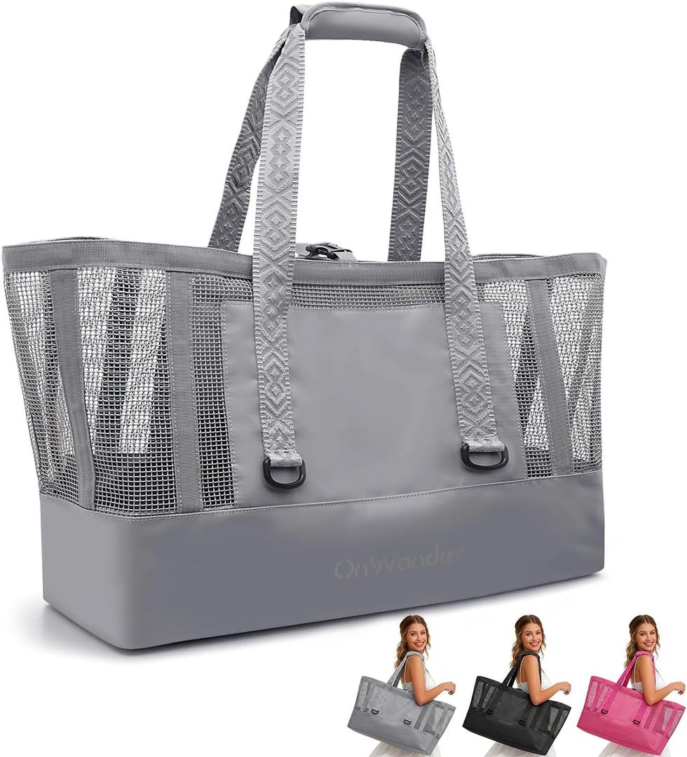 Large Mesh Beach Tote Bag - 50L Pool Bags with 2 Inner Zipper Waterproof Pockets for Swim Toys Towels Travel, Gr