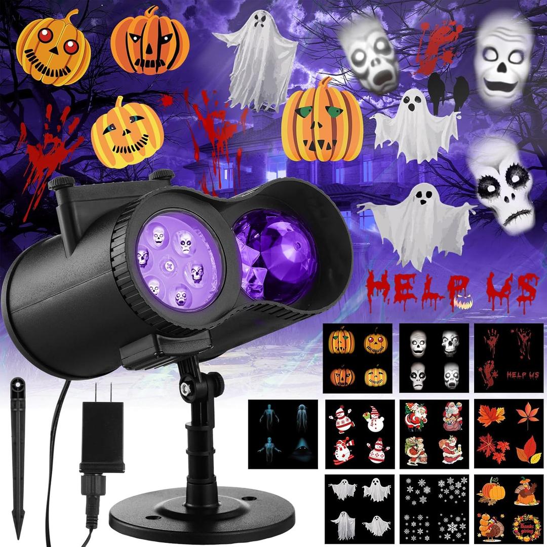Moukeren 2025 Halloween Decorations Projector Lights Outdoor 2-in-1 Upgraded Holiday Projectors with 20 Slides Patterns 10 Colors Waterproof Halloween Laser Show Xmas Party Yard Garden Decorations
